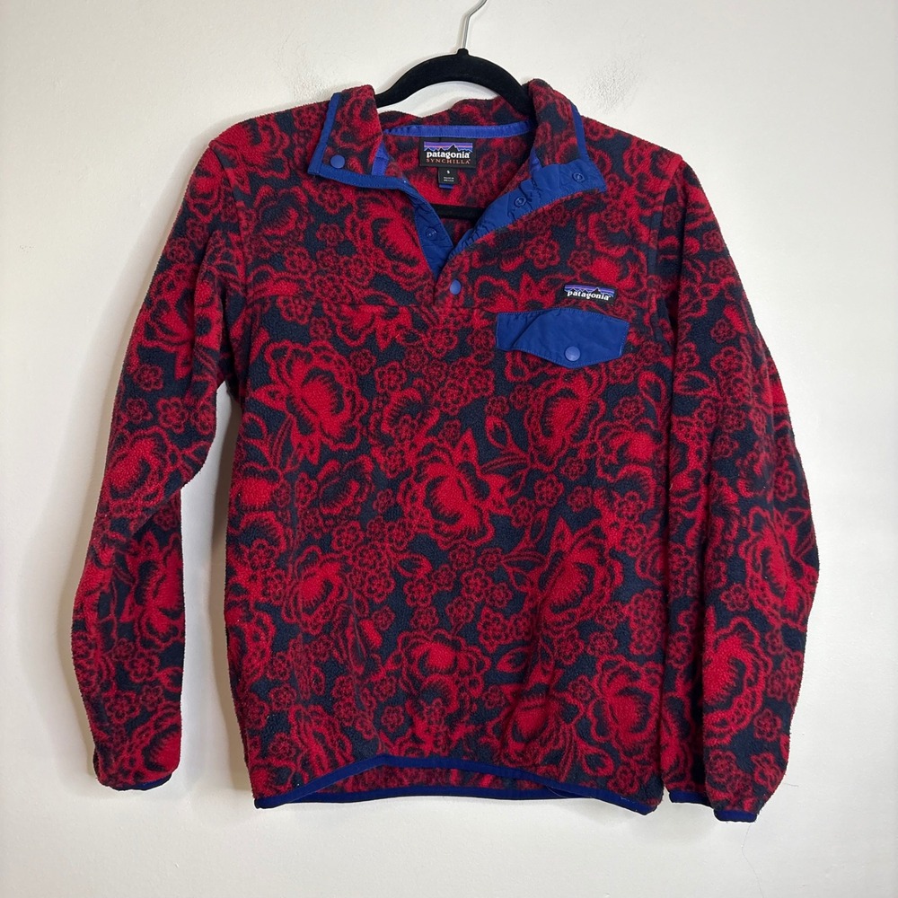 Patagonia Synchilla Snap-T Fleece Pullover Red Navy Lotus Floral Womens Small